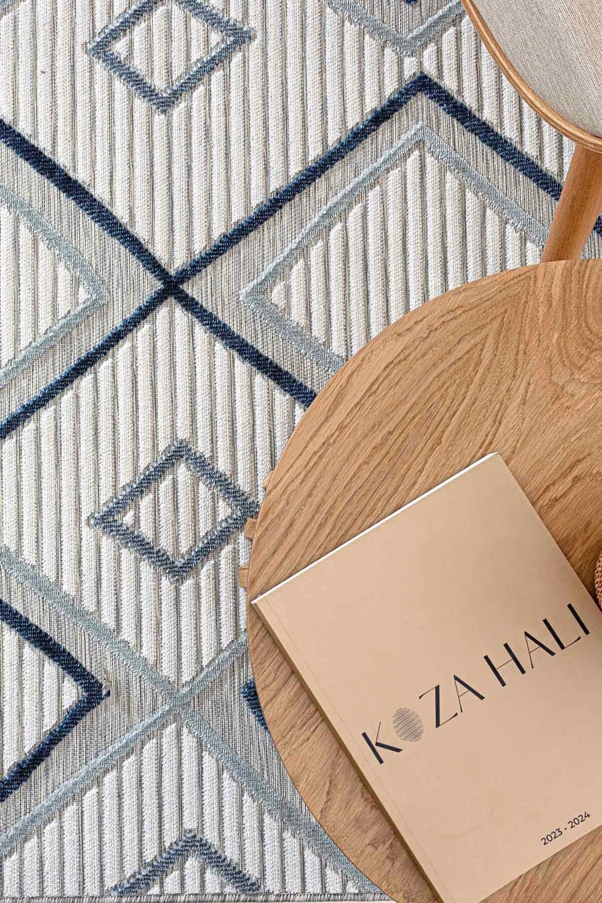Sand Krem Mavi Kolay Temizlenebilir Halı Salon Oturma Odası Yatak Odası Koridor Makine Halısı 65549A