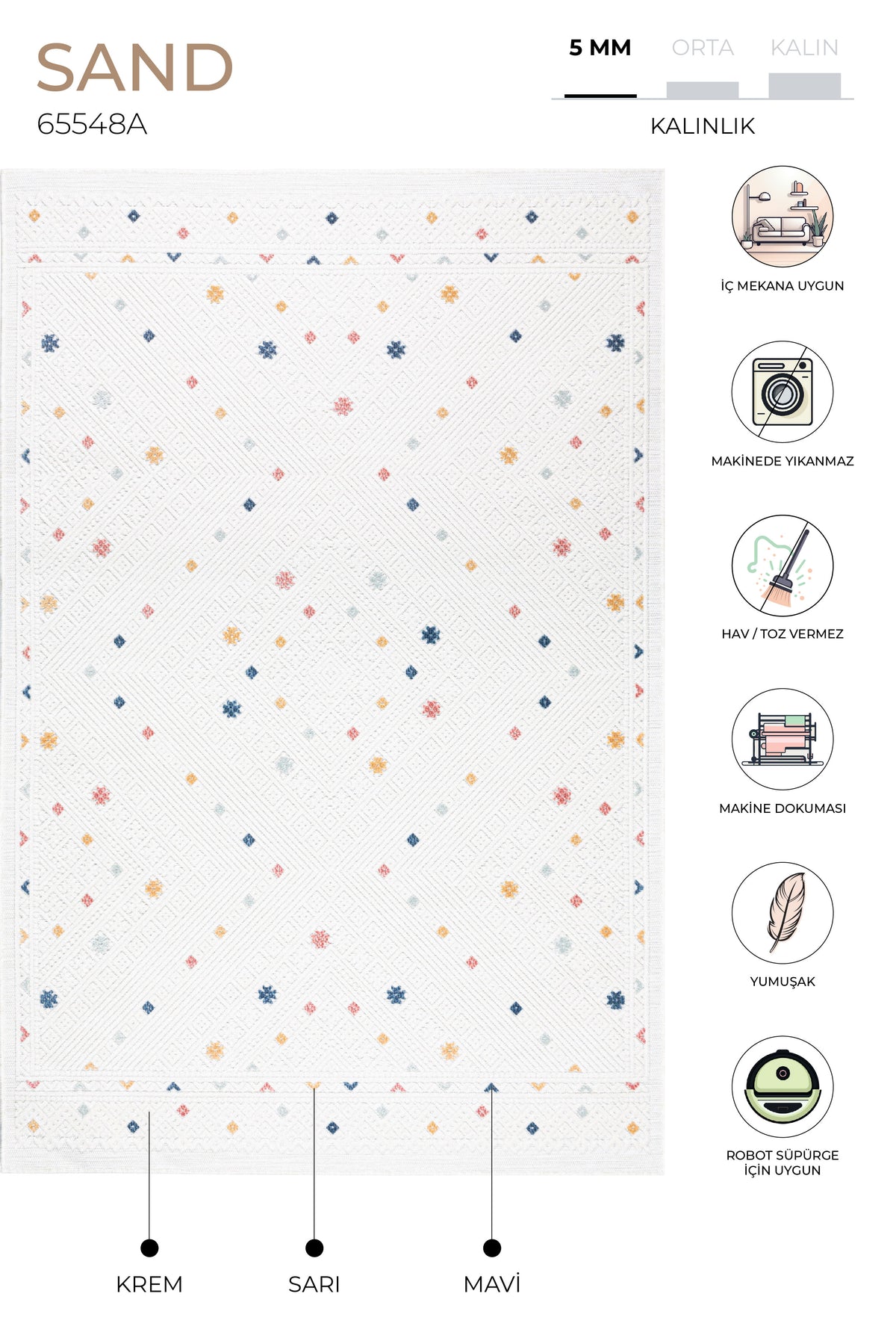 Sand Krem Multi Kolay Temizlenebilir Halı Kilim Oturma Odası Yatak Odası Koridor Makine Halısı 65548A