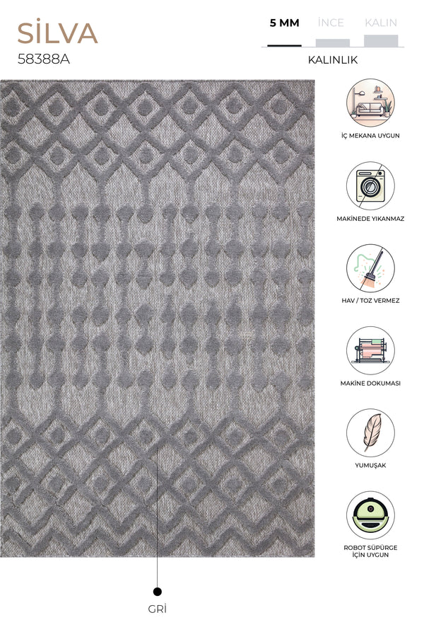 Silva Gri Temizlenebilir Halı 58388A