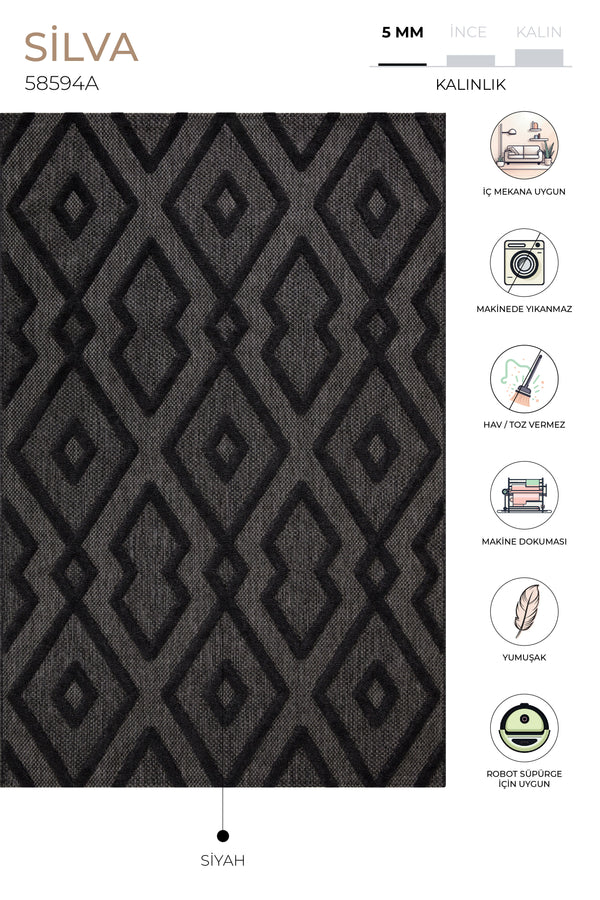 Silva Siyah Temizlenebilir Halı 58594A