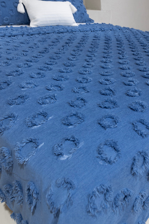 Sitra Lacivert Çift Kişilik Püsküllü Yatak Örtüsü 230x250 2 Yastık 50x70 5034