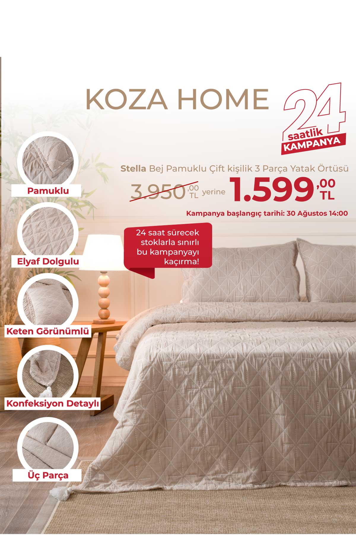 Stella Bej Pamuklu Çift Kişilik 3 Parça Yatak Örtüsü 230x250 2 Yastık 50x70 5029
