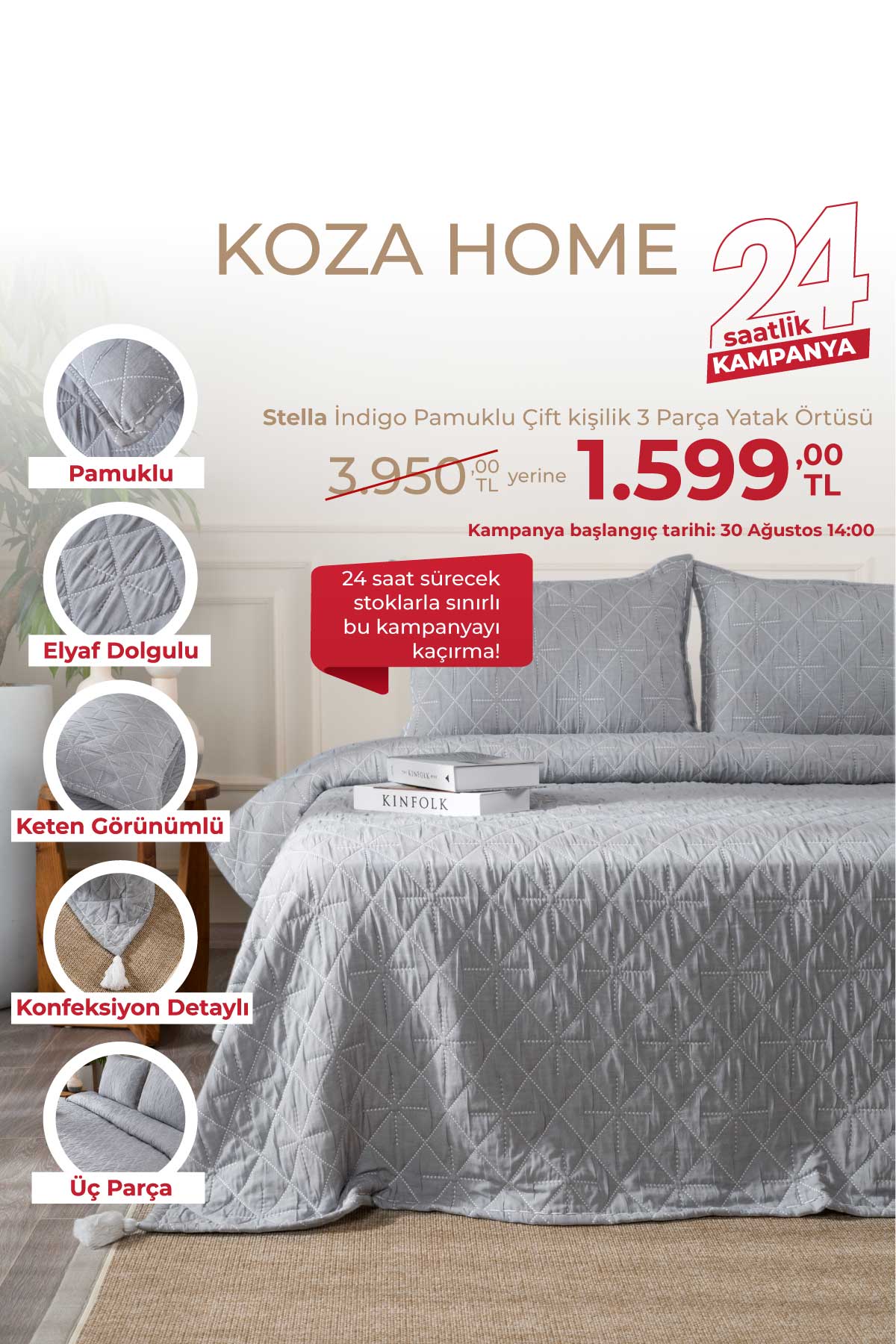 Stella İndigo Pamuklu Çift Kişilik 3 Parça Yatak Örtüsü 230x250 2 Yastık 50x70 5030