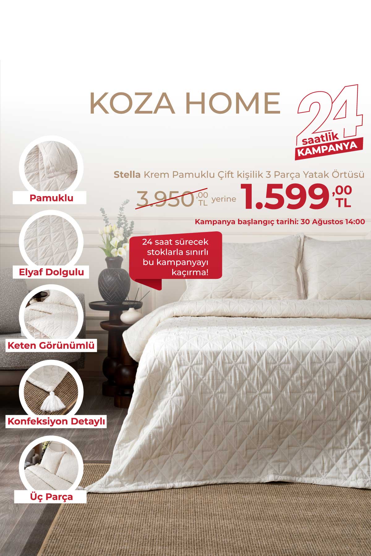 Stella Krem Pamuklu Çift Kişilik 3 Parça Yatak Örtüsü 230x250 2 Yastık 50x70 5028