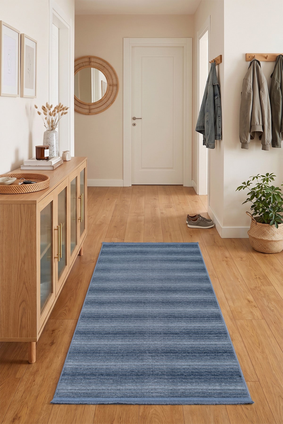 Stripe Mavi Kilim Kaymaz Taban Salon Oturma Odası Antre Yolluk 33013Y