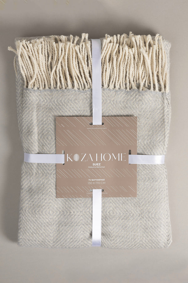 Suez Gri Beyaz Yün Tv Battaniyesi 91247 130x170 cm