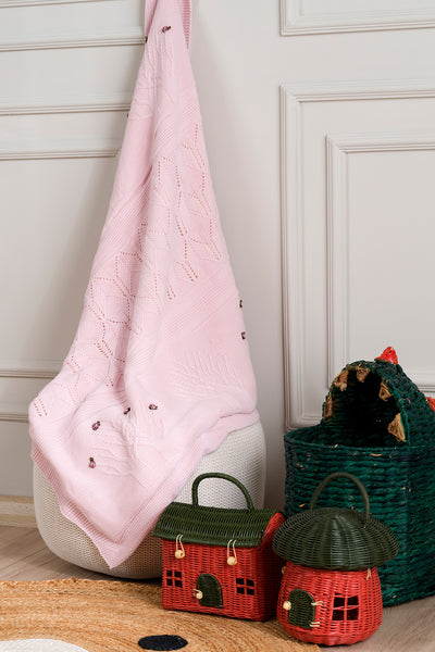 Toffy Toz Pembe Çiçekli Örgü Bebek Battaniyesi 100X100