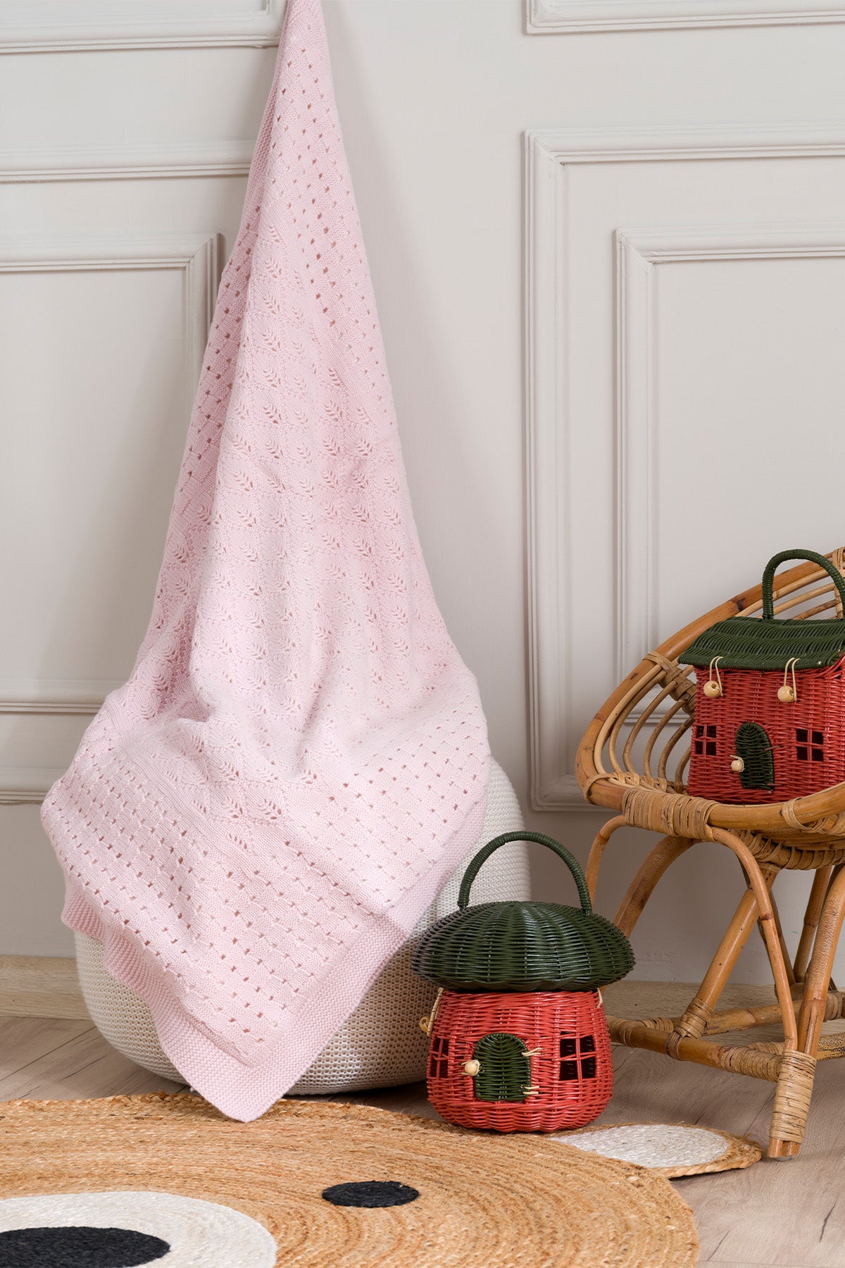 Toffy Toz Pembe Damalı Örgü Bebek Battaniyesi 100X100