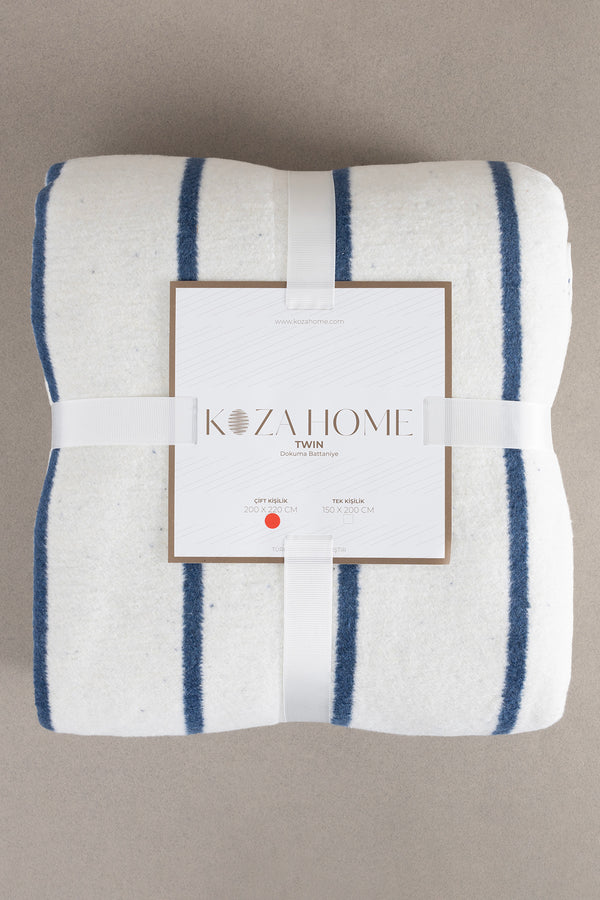 Twin Battaniye Soft Pamuklu Çift Kişilik Battaniye Mavi Krem 200 x 220 5027A