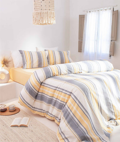 Viento Nevresim Takımı Pamuk Gri Ekru Çizgili Sarı Çift Kişilik 200x220 9501A