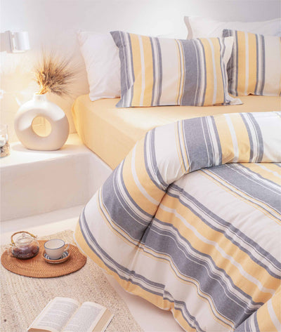 Viento Nevresim Takımı Pamuk Gri Ekru Çizgili Sarı Çift Kişilik 200x220 9501A