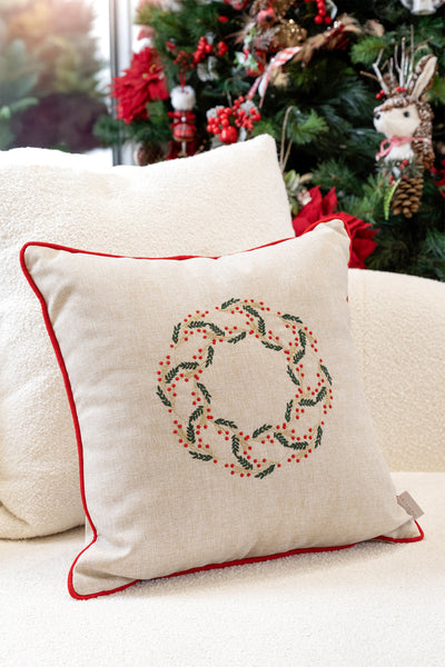 Xmas Bej Nakşlı Biyeli Kırlent Kılıfı 45X45 2550