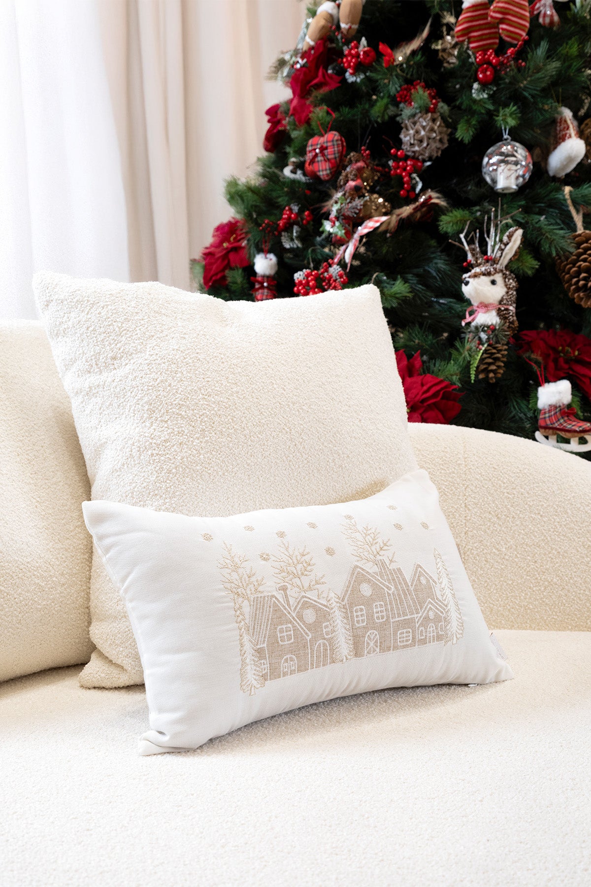 Xmas Beyaz Nakşlı Kırlent Kılıfı 30X50 2549
