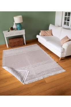 Duo Beyaz Bej Çift Taraflı Yıkanabilir Dokuma Kilim 23003A - Koza Halı