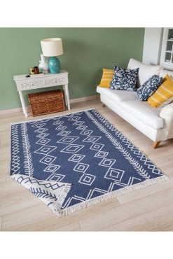 Duo Beyaz Mavi Çift Taraflı Yıkanabilir Dokuma Kilim 23000A - Koza Halı