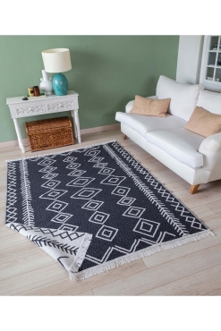 Duo Beyaz Siyah Çift Taraflı Yıkanabilir Dokuma Kilim 23000A - Koza Halı