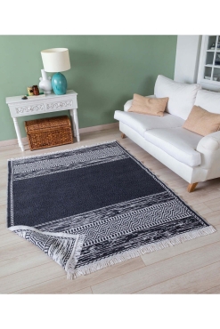 Duo Beyaz Siyah Çift Taraflı Yıkanabilir Dokuma Kilim 23003A - Koza Halı