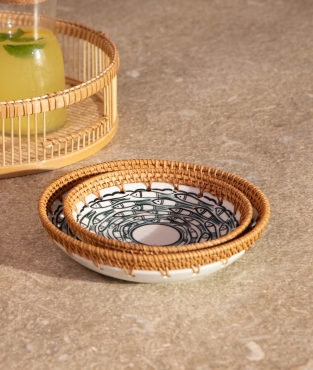 Meander El Yapımı Rattan Çerçeveli Balık Desenli Seramik Üçlü Kase 8815 - Koza Home